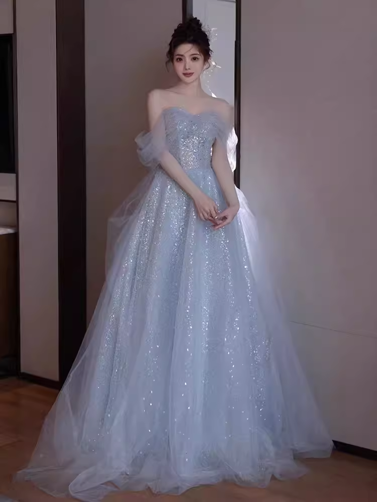 Simple A line Off The Shoulder Tulle Long Prom Dress