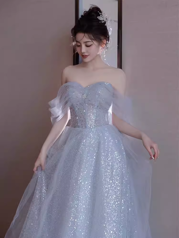 Simple A line Off The Shoulder Tulle Long Prom Dress