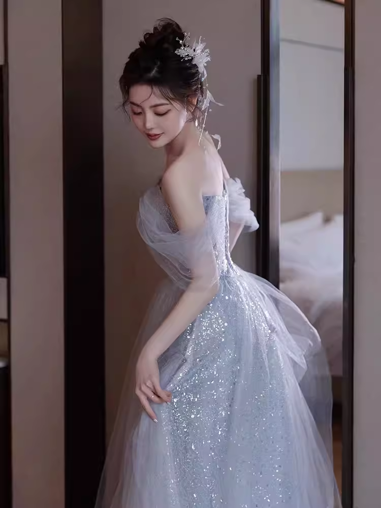 Simple A line Off The Shoulder Tulle Long Prom Dress