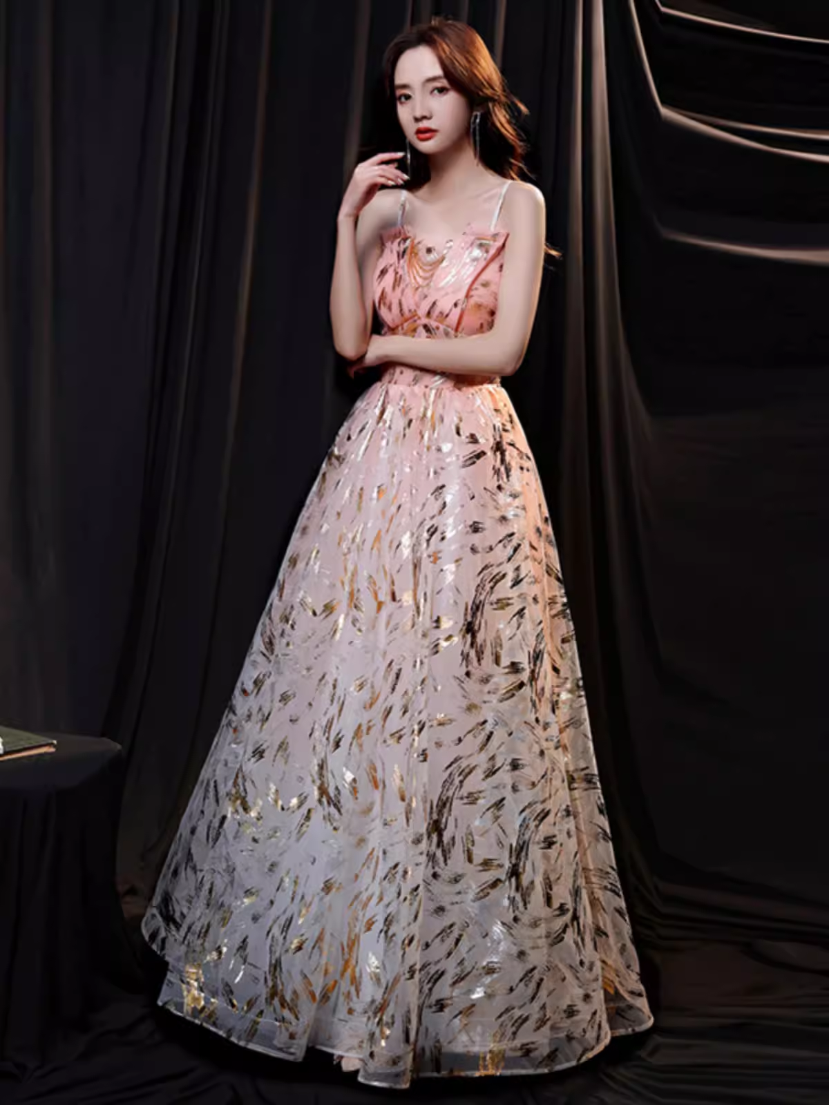 Simple A line Spaghetti Straps Sequin Pink Long Prom Dress