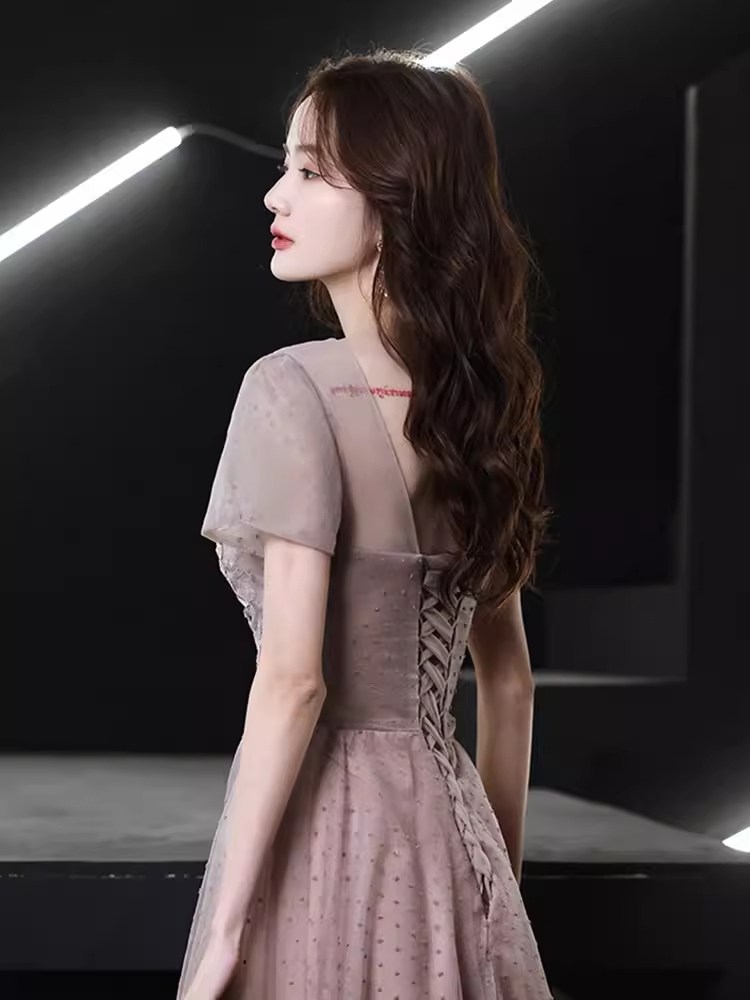Simple A line Short Sleeves Pink Long Prom Dress