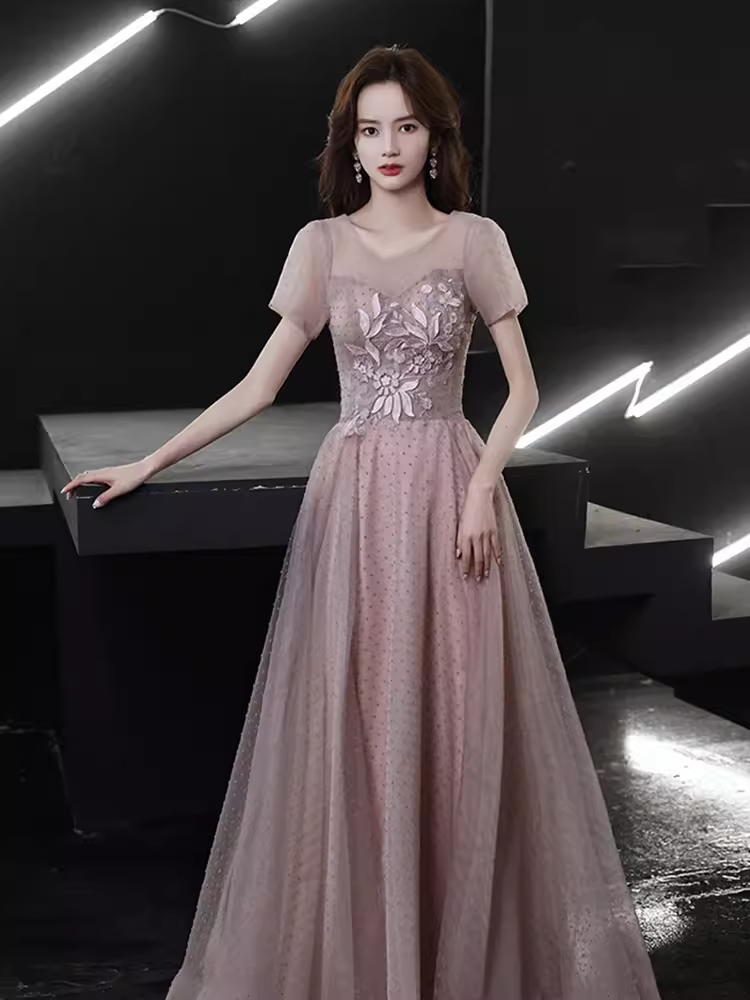 Simple A line Short Sleeves Pink Long Prom Dress
