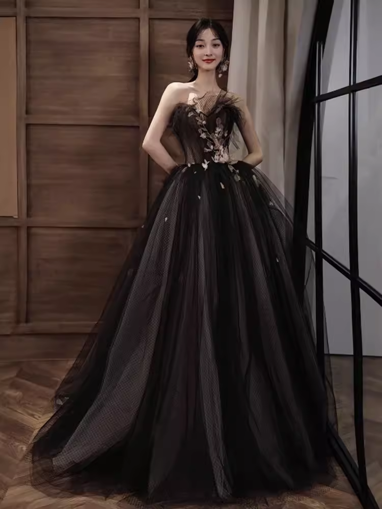 Simple A line Strapless Black Tulle Lace Long Prom Dress