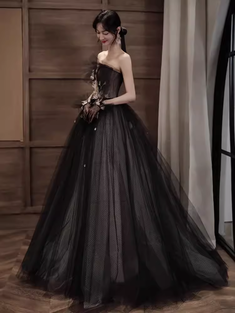 Simple A line Strapless Black Tulle Lace Long Prom Dress