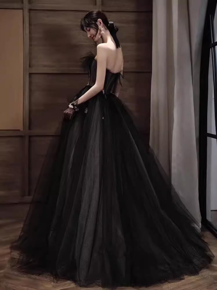 Simple A line Strapless Black Tulle Lace Long Prom Dress