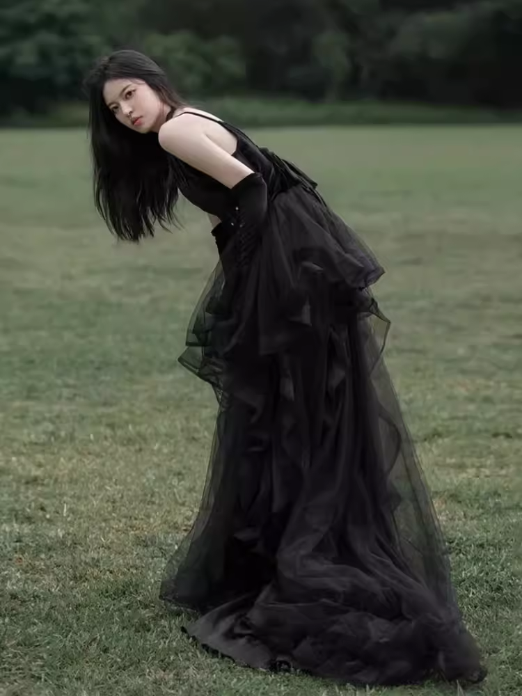 Vintage A line Straps Black Tulle Velvet Long Prom Dress