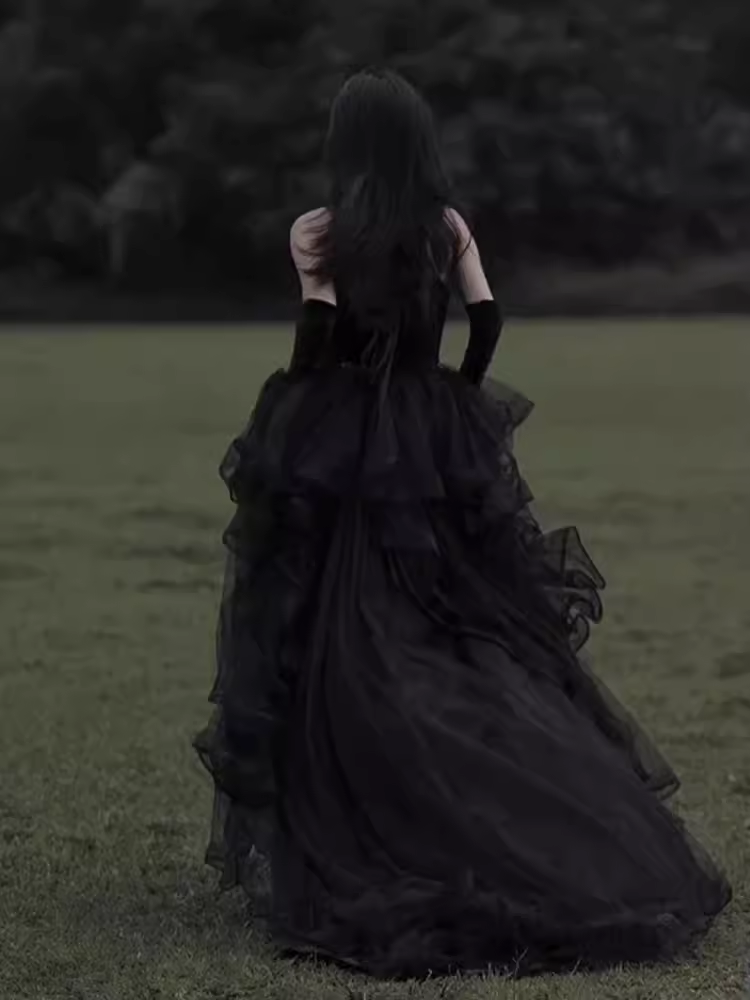 Vintage A line Straps Black Tulle Velvet Long Prom Dress