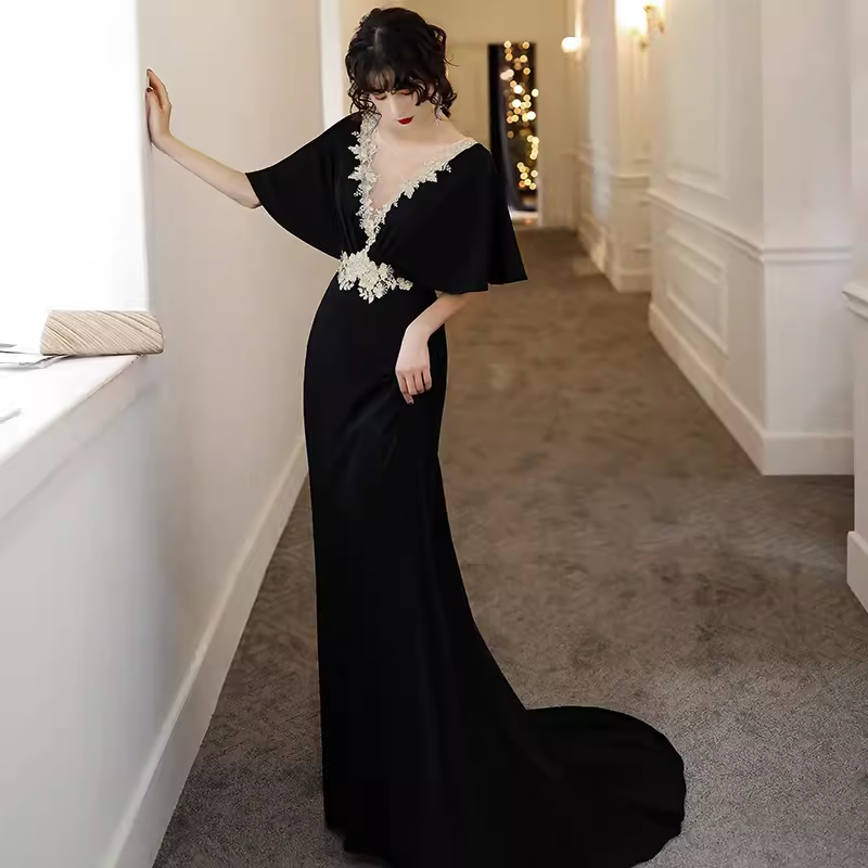 Vintage A line V Neckline Black Long Prom Dress