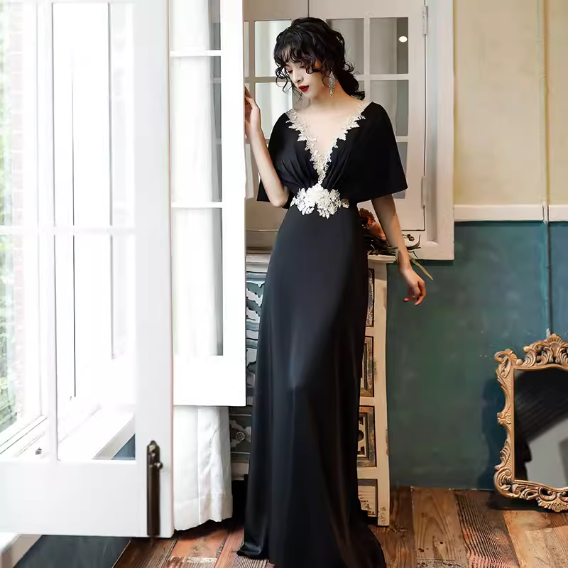 Vintage A line V Neckline Black Long Prom Dress