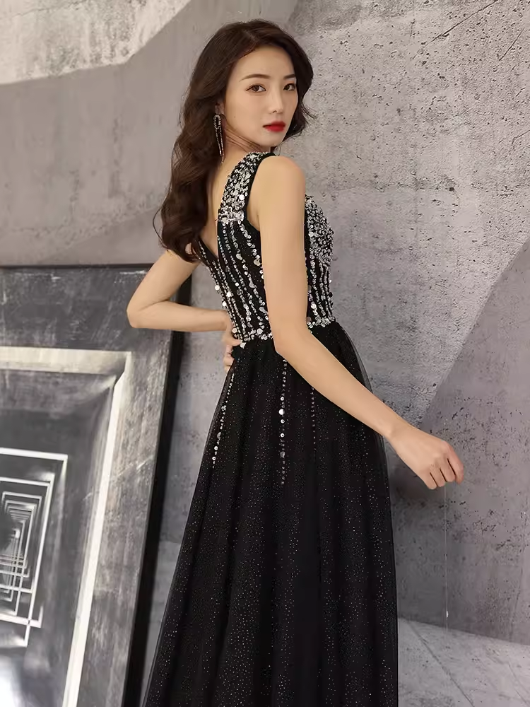 Simple A line V Neckline Black Beads Long Prom Dress