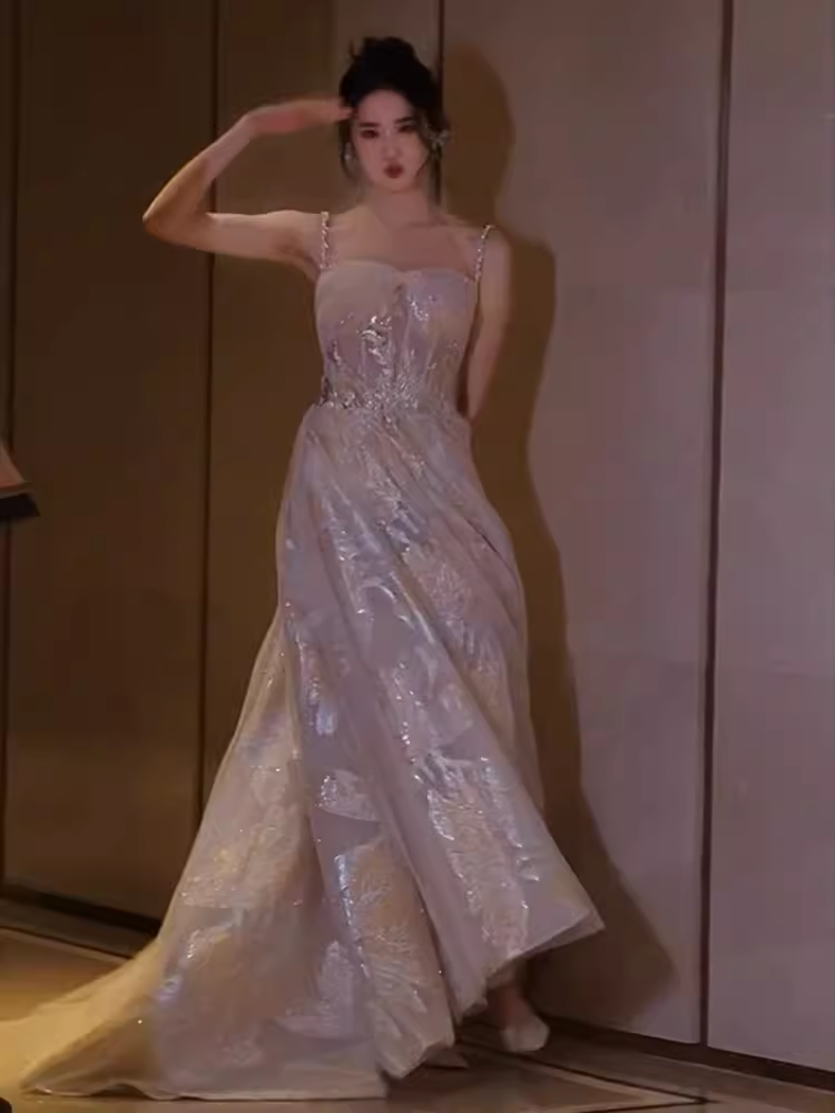 Simple A line Straps Sequin Long Prom Dress