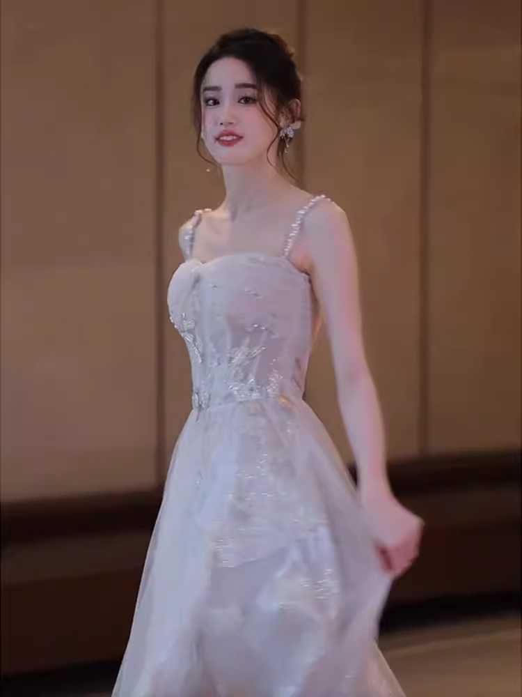 Simple A line Straps Sequin Long Prom Dress