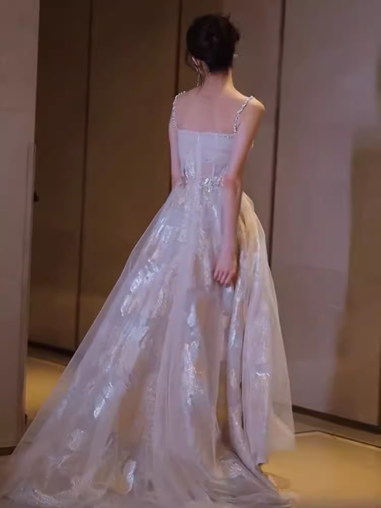 Simple A line Straps Sequin Long Prom Dress