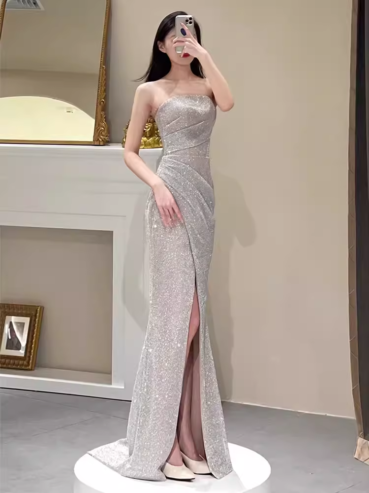 Sexy Mermaid Strapless Sequin Long Prom Dress