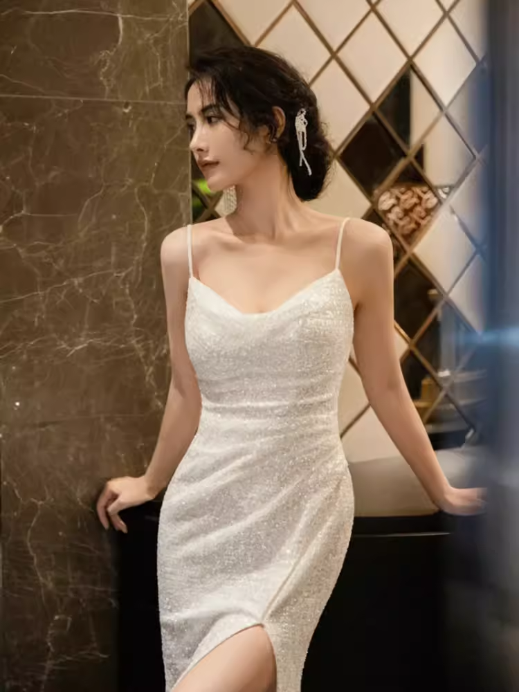 Sexy Mermaid Straps Sequin White Long Prom Dress