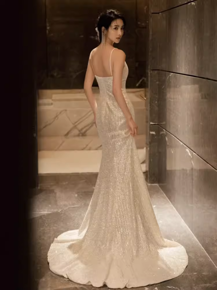Sexy Mermaid Straps Sequin White Long Prom Dress