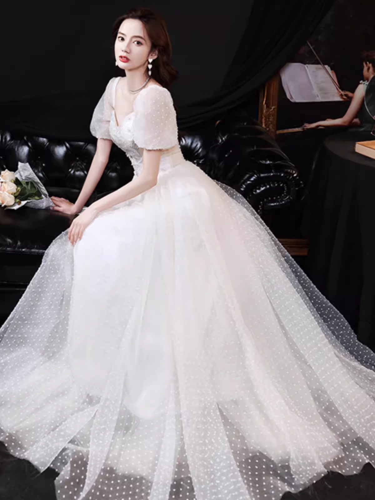 Cute A line Short Sleeves White Long Prom Dress