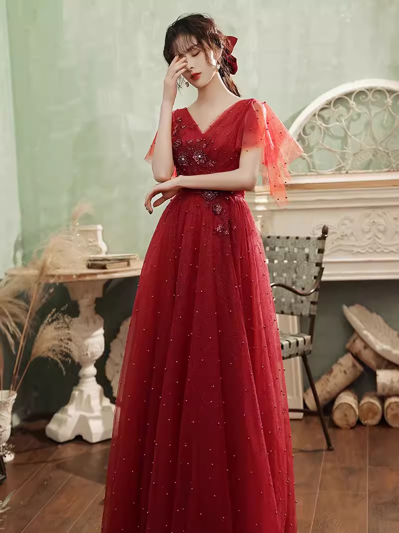 Vintage A line Short Sleeves Tulle Red Prom Dress