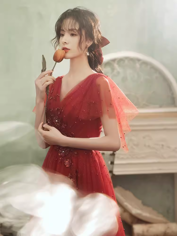 Vintage A line Short Sleeves Tulle Red Prom Dress