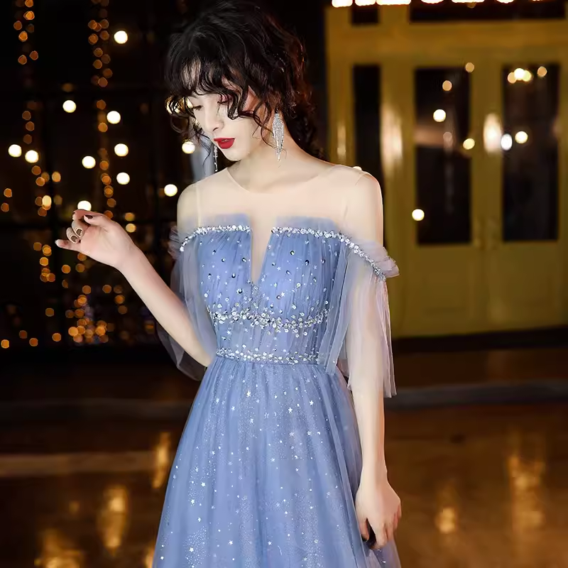 Vintage A line Short Sleeves Tulle Blue Prom Dress