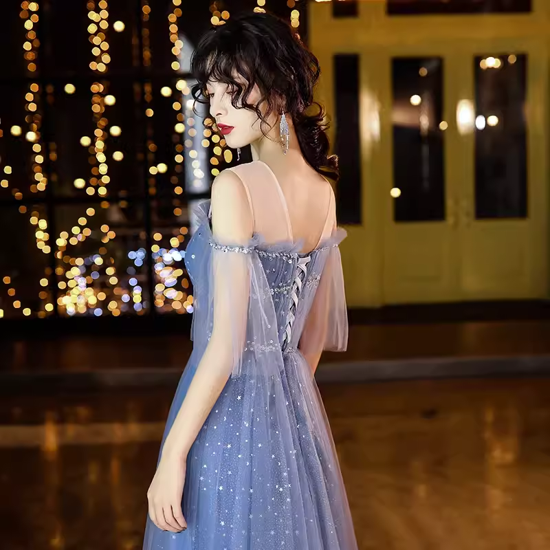 Vintage A line Short Sleeves Tulle Blue Prom Dress