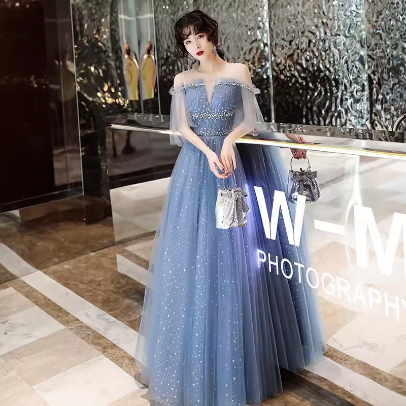 Vintage A line Short Sleeves Tulle Blue Prom Dress