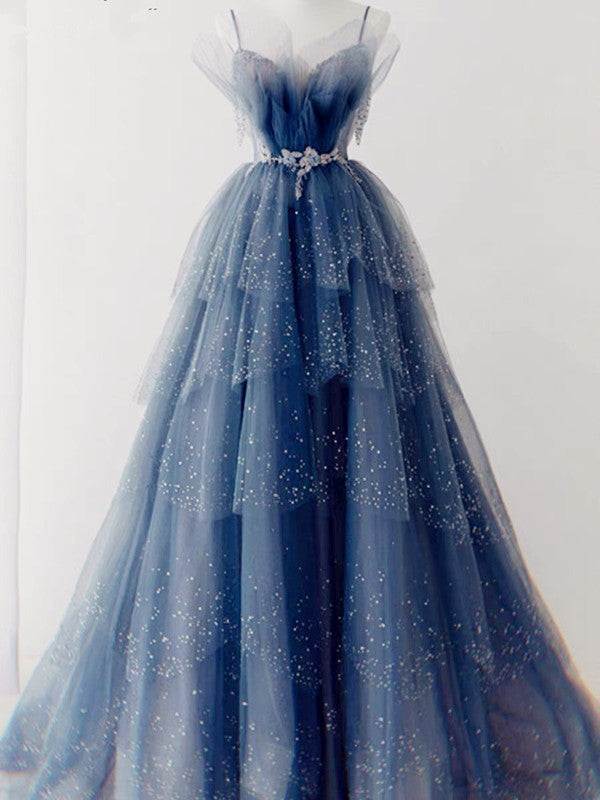 Elegant Ball Gown Straps Long Tulle Blue Prom Dress