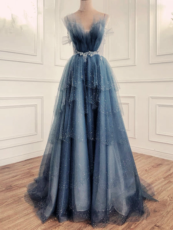 Elegant Ball Gown Straps Long Tulle Blue Prom Dress