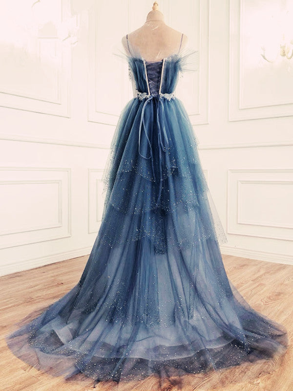 Elegant Ball Gown Straps Long Tulle Blue Prom Dress