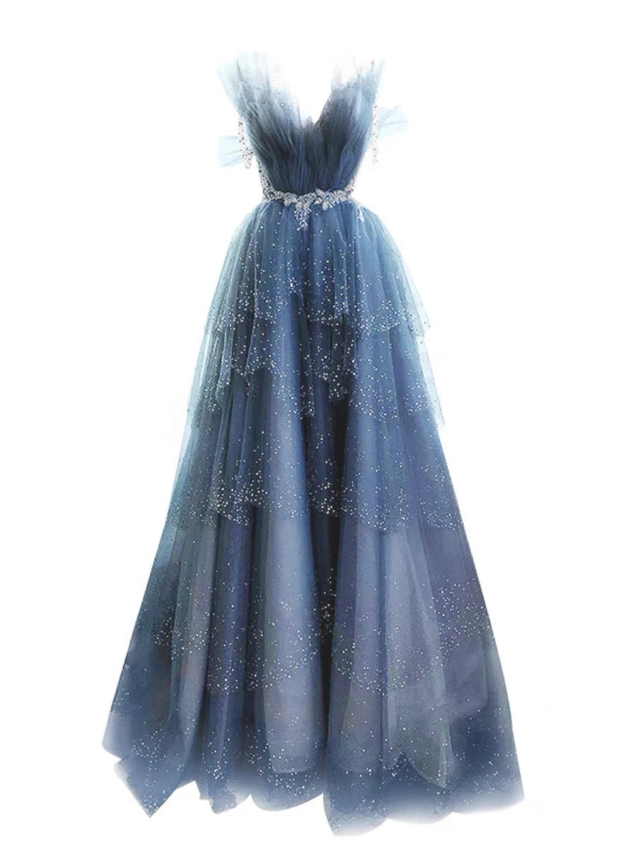 Elegant Ball Gown Straps Long Tulle Blue Prom Dress