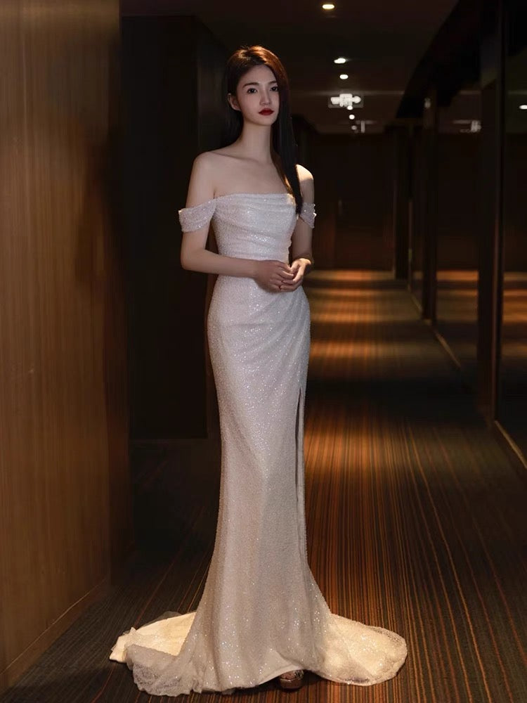 Sexy Mermaid Off The Shoulder Slit Sequin Long Prom Dresses