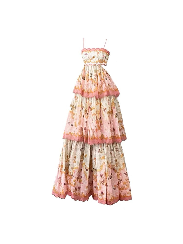 Modest Ball Gown Spaghetti Straps Pink Flowers Long Prom Dress