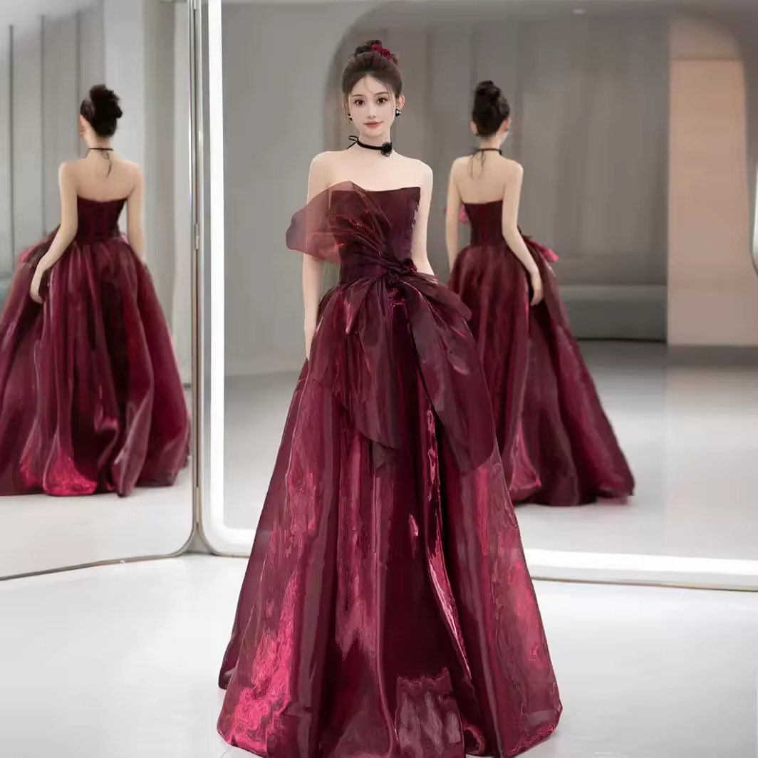 Elegant Ball Gown Strapless Burgundy Organza Long Prom Dress