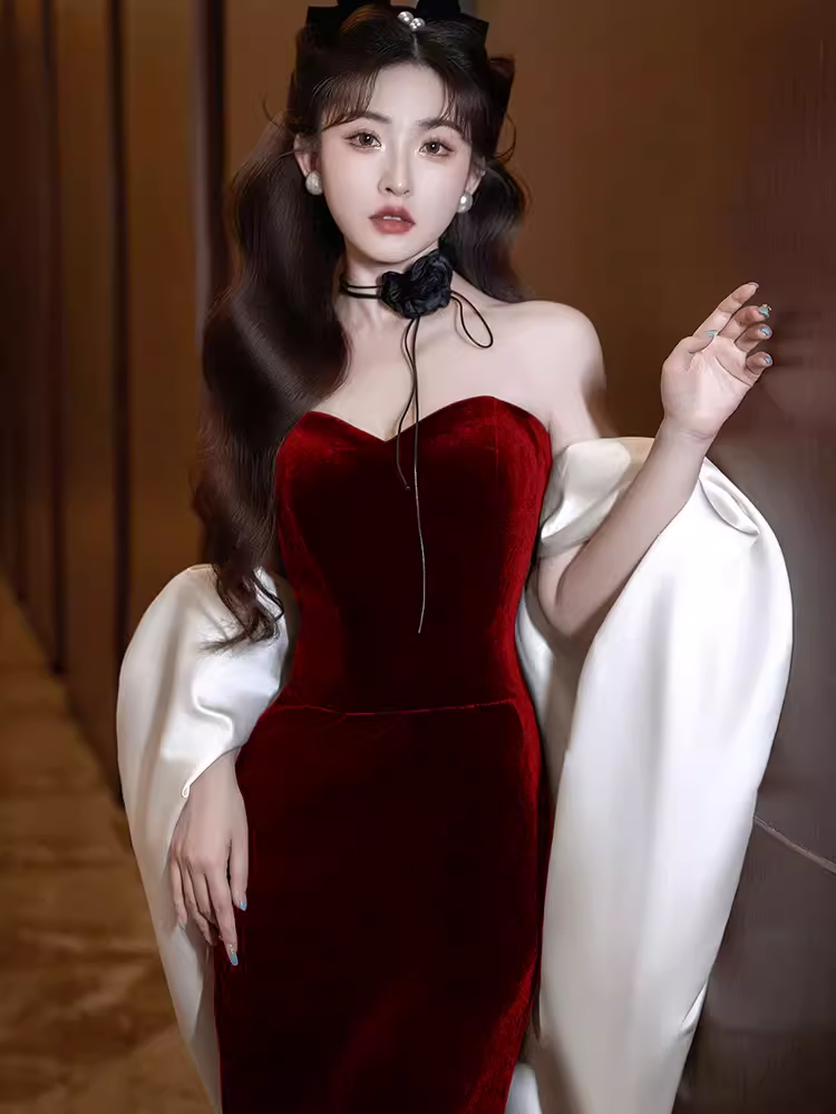 Modest Mermaid Strapless Burgundy Long Prom Dresses
