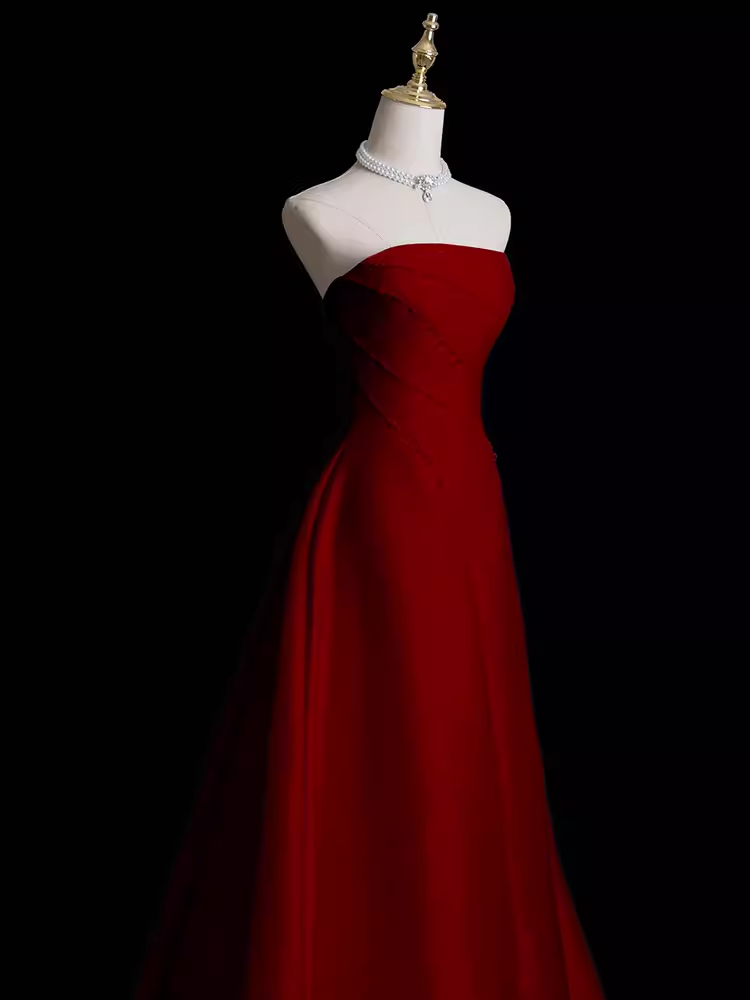Sexy A Line Strapless Sleeveless Burgundy Long Prom Dress