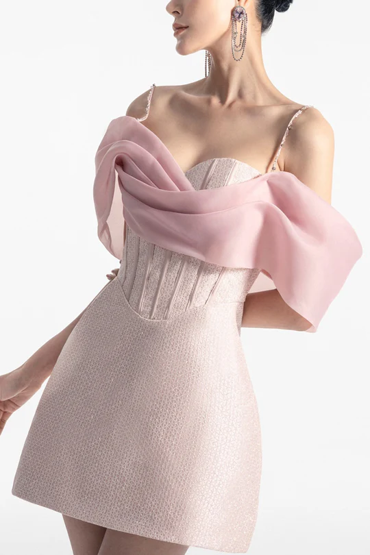 Off-Shoulder Beaded Ruched Satin A-Line Mini Homecoming Dress