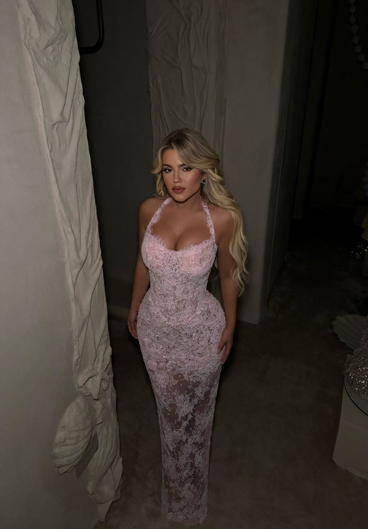 Pretty Pink Halter Lace Mermaid Evening Dress Long Birthday Party Dress