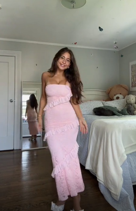 Classy Pink Strapless Lace Ruffles Party Dress Formal Prom Evening Gown