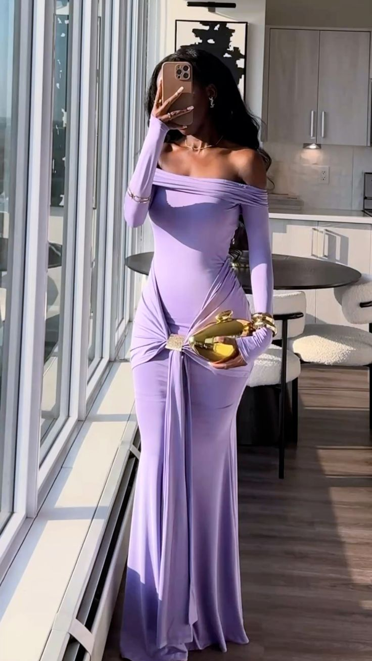 Charming Lavender Off The Shoulder Satin Pleated Mermaid Evening Dress Long Wedding Guest Dress