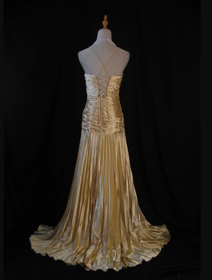 Stylish Spaghetti Straps Gold V Neck Satin Pleated Beaded Long Party Dress Formal Wedding Guest Dress