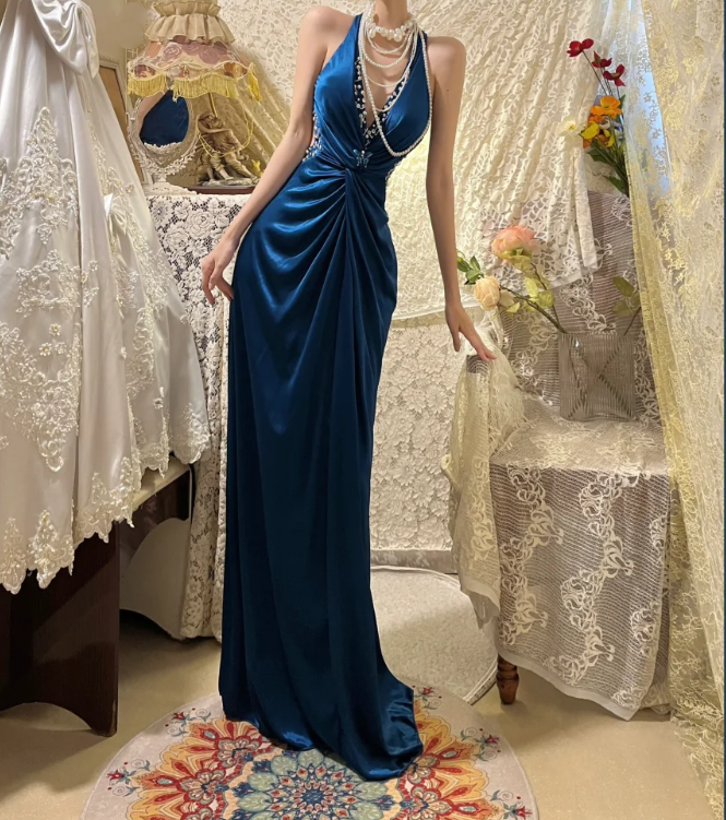 Fashion V Neck Navy Blue Satin Beaded Mermaid Long Party Dress Evening Dress
