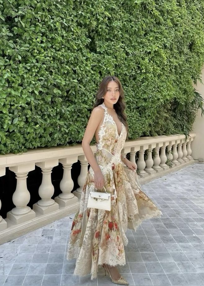 Vintage Halter V Neck Chiffon Print Floral Lace Prom Dress Mermaid Long Party Dress