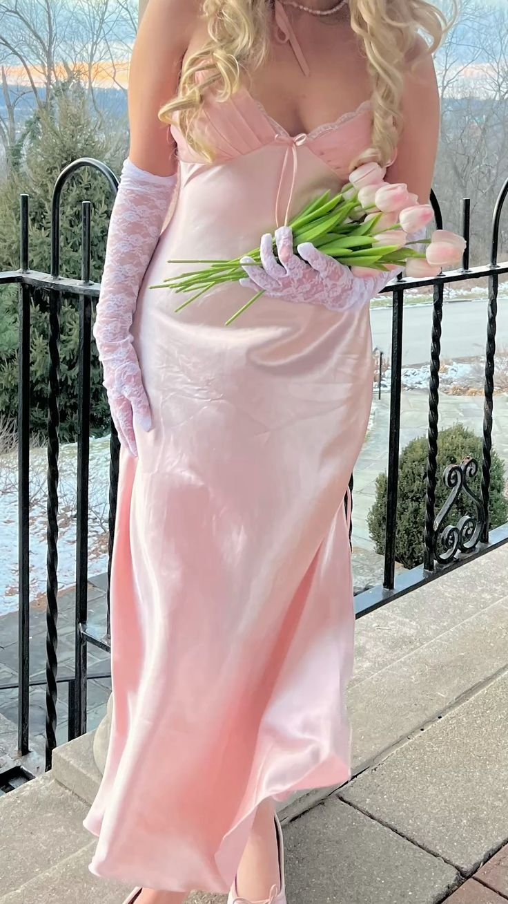 Elegant Spaghetti Straps V Neck Pink Satin Mermaid Evening Dress Long Party Dress With Lace Gloves
