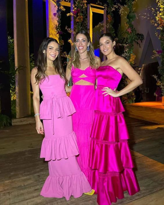Gorgeous Strapless Satin Layered Party Evening Dress Hot Pink A Line Prom Dress