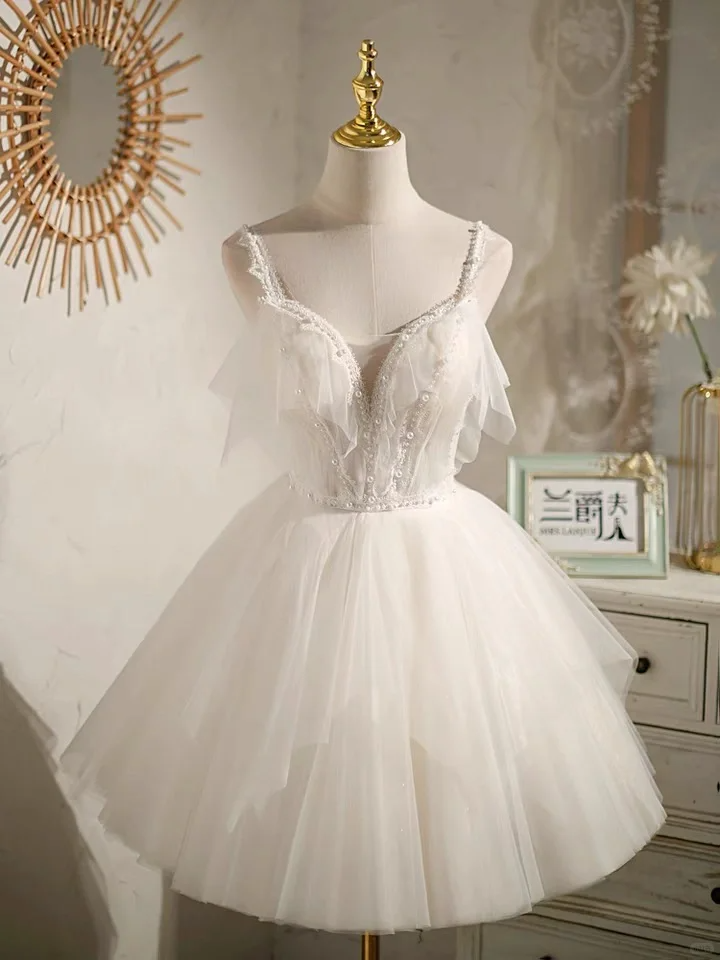 Classy Tulle Beaded A Line Short Prom Dress White 19th Birthday Outfits