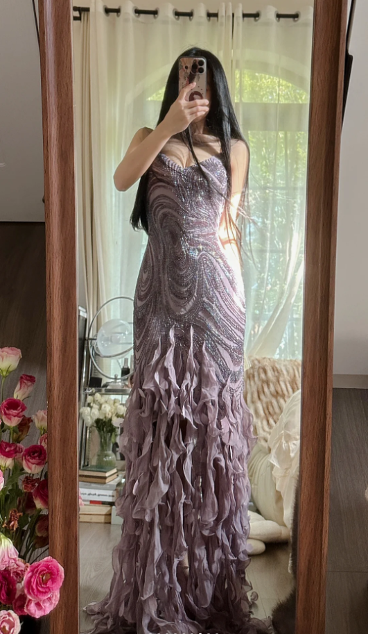 Vintage Purple Spaghetti Straps Chiffon Beaded Ruffles Mermaid Long Party Dress Birthday Prom Dress