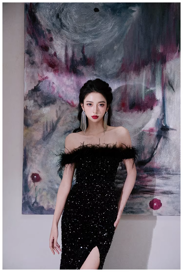 Glamorous Feathers Strapless Black Sequin Slit Mermaid Evening Dress Long Birthday Party Dress