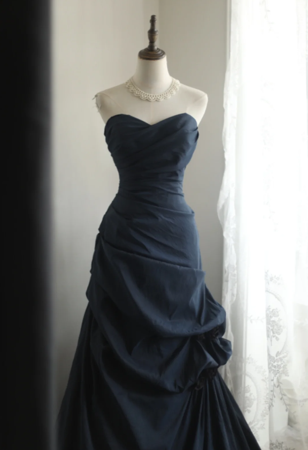 Vintage Navy Blue Strapless Satin Pleated Mermaid Long Evening Dress Birthday Prom Dress