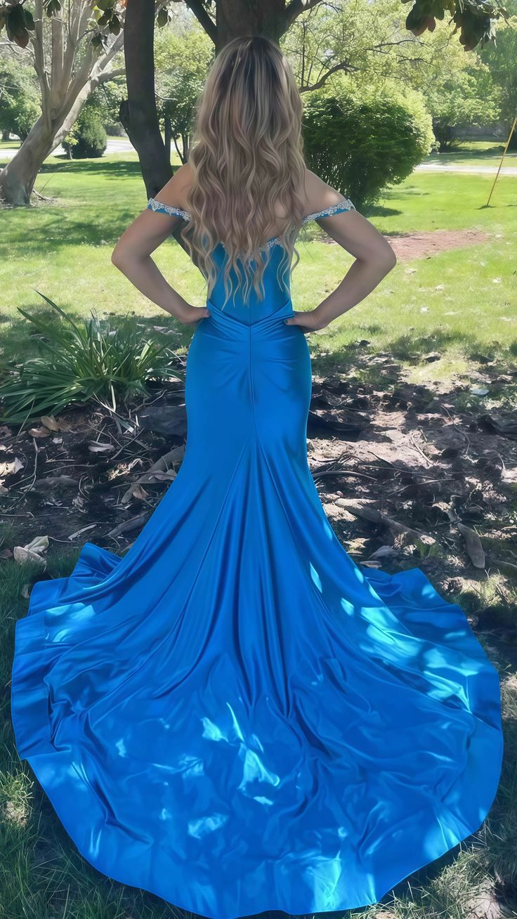 Gorgeous Blue Satin Beaded Evening Dress Mermaid Party Prom Dress