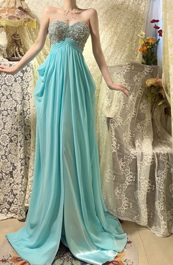 Pretty Strapless Blue Satin Chiffon Beaded Long Wedding Guest Dress Formal Birthday Party Dress